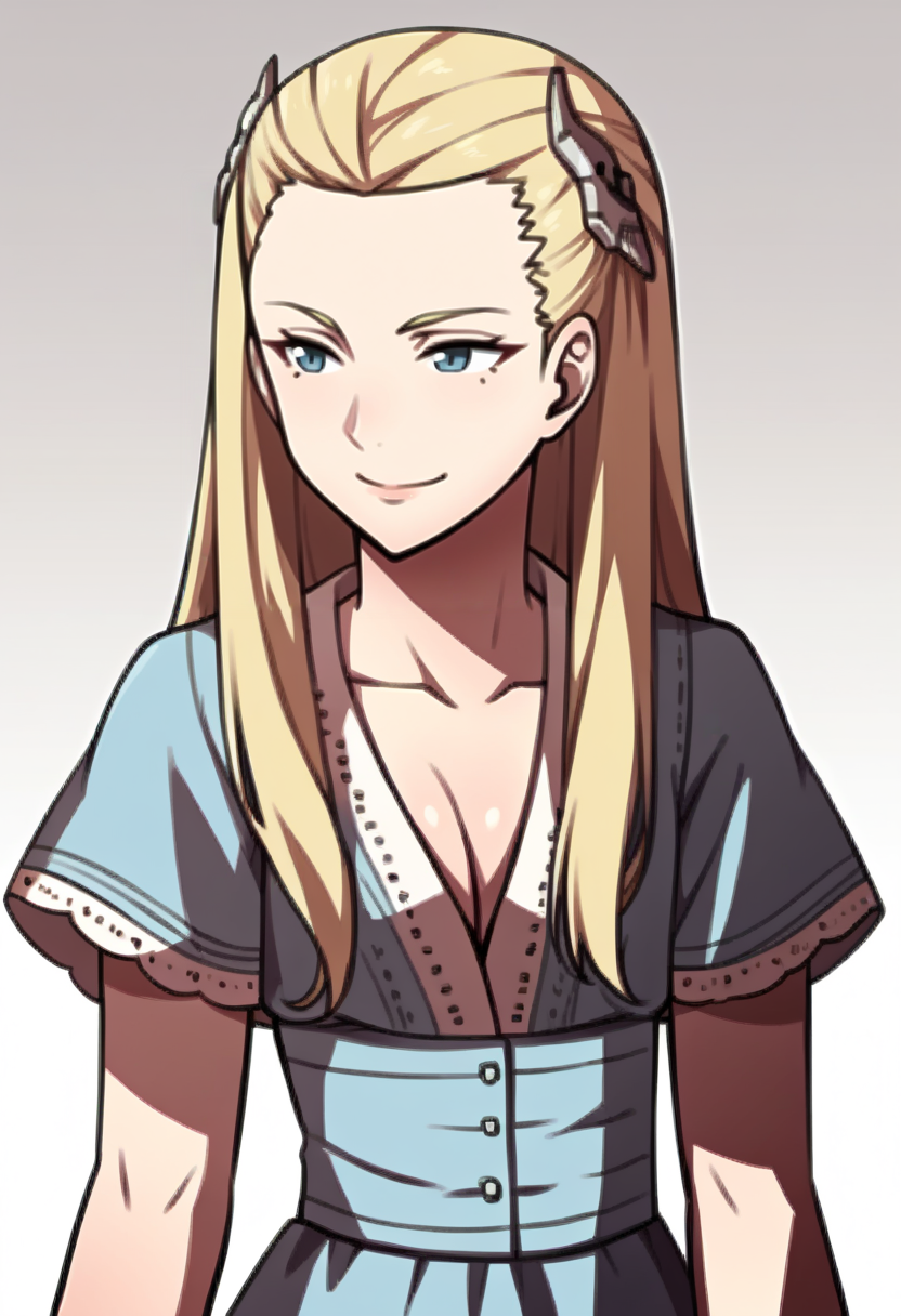 score_9, score_8_up, score_7_up, source_anime BREAK 1girl, solo,
<lora:zs_AwakeningPortraitsXL:1> awakeningportraits, portraits, white background
 <lora:zs_LouisaXL:1> louisasmtj, long hair, blonde hair, blue eyes, hairclip, dress, cleavage, smile, closed mouth, assertive female
