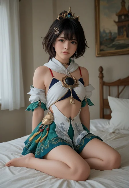 Score_9, Score_8_up, Score_7_up, masterpiece, best quality, highres, (depth of field:1.5), detailed face, (((full shot:1.5))), 1girl, (sitting:1.3), ontop of bed, woman, (ultra HD quality details), yunli \(honkai: star rail\), clothed, skirt, detached sleeves, chinese face, sjvgxq