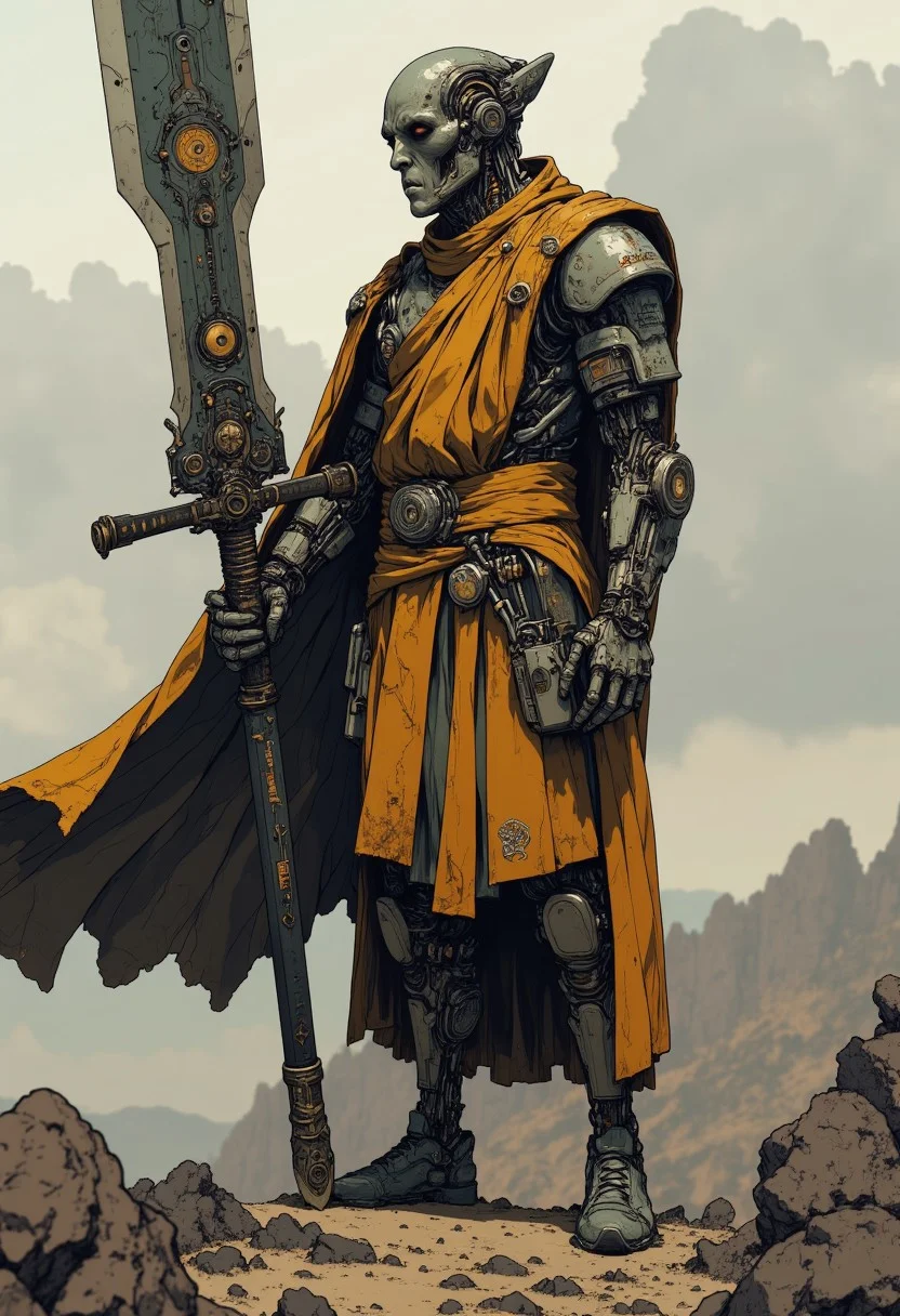 Tibet monk with (cyborg face parts:1.95),(cyborg cybernetic enhancements:2.7) with , (enormous oversized sword:3.5) sci-fi SWORD (very wide blade) with mechanical parts, intricate detailed, 8k, UHD, epic quality, profile picture, mechanical, style by Yuri Shwedoff,Robert Zemeckis, Kim Ki-Duk, (by Tony Conrad:1.05)cyborg, half robot ultra realistic 8k resolution.
<lora:ck-shadow-circuit:0.9> in the style of cksc,