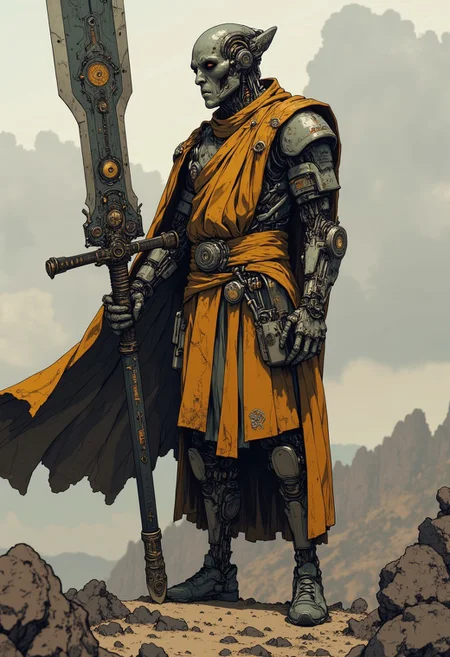Tibet monk with (cyborg face parts:1.95),(cyborg cybernetic enhancements:2.7) with , (enormous oversized sword:3.5) sci-fi  SWORD (very wide blade) with mechanical parts, intricate detailed, 8k, UHD, epic quality,  profile picture, mechanical, style by Yuri Shwedoff,Robert Zemeckis, Kim Ki-Duk, (by Tony Conrad:1.05)cyborg, half robot ultra realistic 8k resolution.
<lora:ck-shadow-circuit:0.9> in the style of cksc,