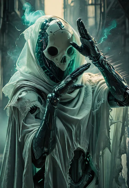 Edgy wooden mecha being, Joints, exposed wires, Closeup, high Quality, Cinematic, best Quality, atmospheric lighting, atmospheric haze, Long White ethereal billowing cape, hollow eyes, dab Pose, dab, Motion lines, eye trails, trails of light, See through, vibrant neon translucent aura, dystopian bleaked sundawn, Yellow and Grey color graded, daylight from above