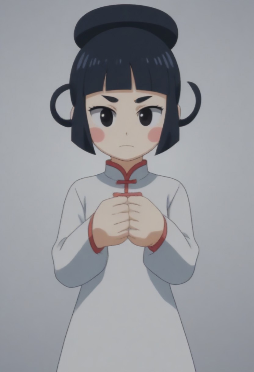 source_anime, anime screencap, source_anime, auratheguillotine, anime screencap, masterpiece, source_anime, shiny skin,,,,,,,,,<lora:jasmineMedi_illustriousXL_v01:1> jasmindef, black hair, blunt bangs, short hair, black eyes, blush stickers, hair rings, sidelocks, small brows, chinese clothes, white dress,