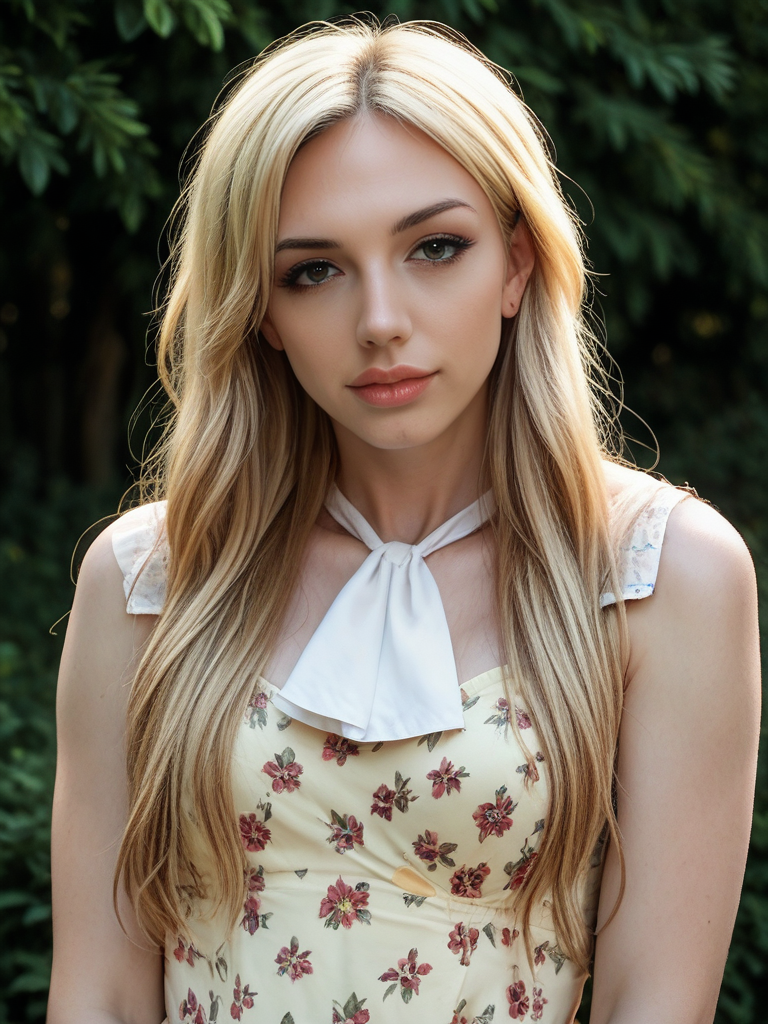 score_9, score_8_up, score_7_up, Annabell3L4ne , Annabelle Lane, <lora:Annabell3L4ne-pony:1>  1girl, makeup, lips, long hair, blonde, floral sundress, white ascot, portrait, solo, looking at viewer, bokeh, focus, film, velvia, artistic, best quality, photograph, focus