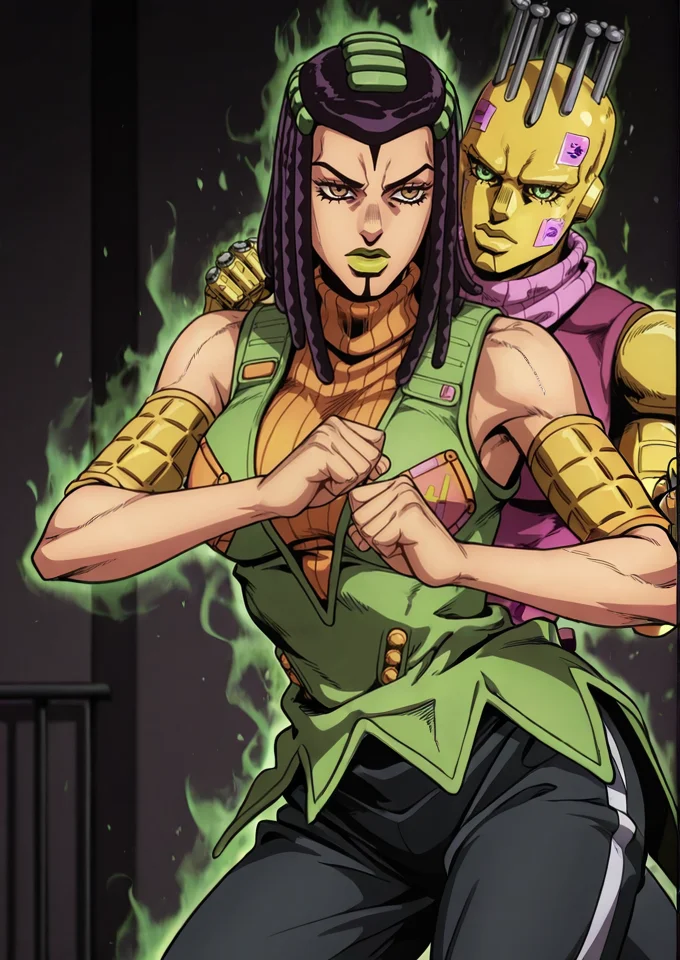 3rme5, 1girl, ermes costello, using standpower, sleeveless, green lipstick, orange turtleneck sweater, green jacket, black sports trackpants, hand raised, \(jojo\), K1s5, yellow skin, bald, (metal robot eyes:1.2), pink pins in head, magenta outfit, pink scarf, standing behind,  <lora:Jojos_Bizarre_Adventure_Ermes_Costello_-_IL:0.7>, dark prison room, dynamic jojo fighting pose, making fists, hands raised, speed lines, holding pink sticker, green aura