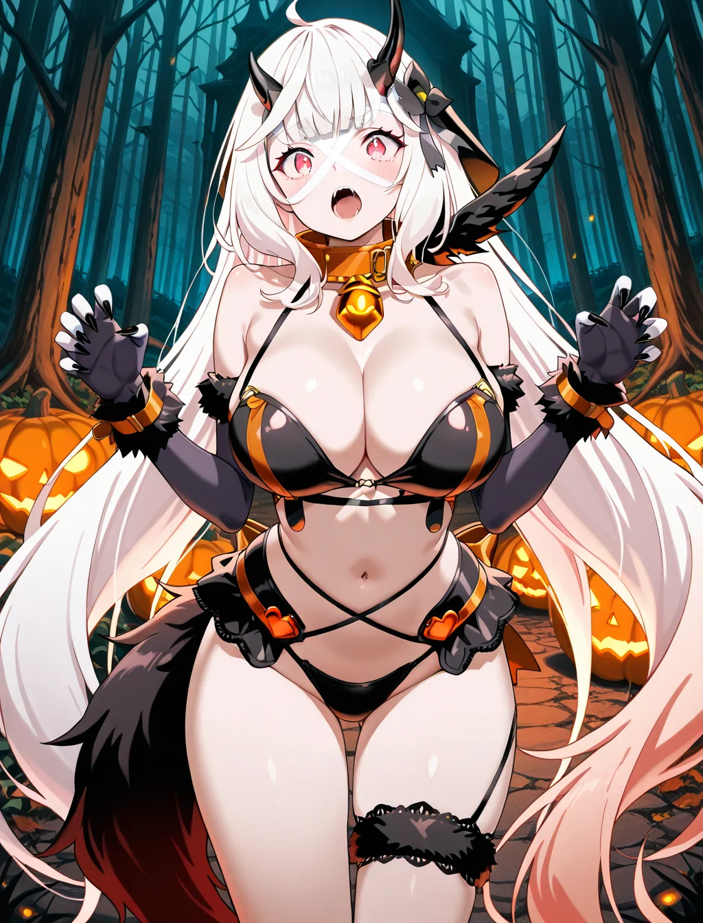 (masterpiece) ,best quality,amazing quality,very aesthetic,absurdres,newest, anime style, Abyssal_Yufine, standing, spooky halloween forest, dangerous beast outfit, roaring, dangerous beast lingerie