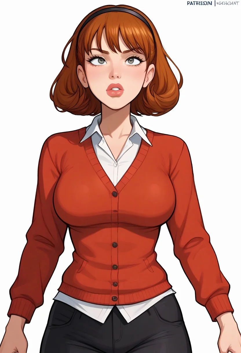 score_9, score_8_up, score_7_up, detailed eyes, detailed body, ultra HD quality details, marker \(medium\),
Expressiveh, BREAK.
white background, (full body:0.3), front view, (angry:0.3), standing, solo, BREAK.
sharona, 1girl, hairband, breasts, lips, red cardigan, blouse, black pants,