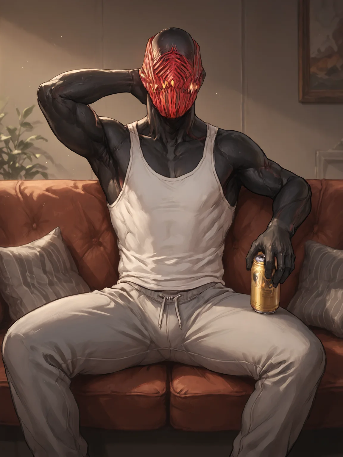score_9, score_8_up, score_7_up, score_6_up, score_5_up, score_4_up, detailed background, inside, living room, sofa BREAK
<lora:StalkerWF_PDXL:0.8> StalkerWF, black body, red mask, looking at viewer, white tank top, grey sweatpants, sitting, spread legs, hand behind head, holding can, beer
