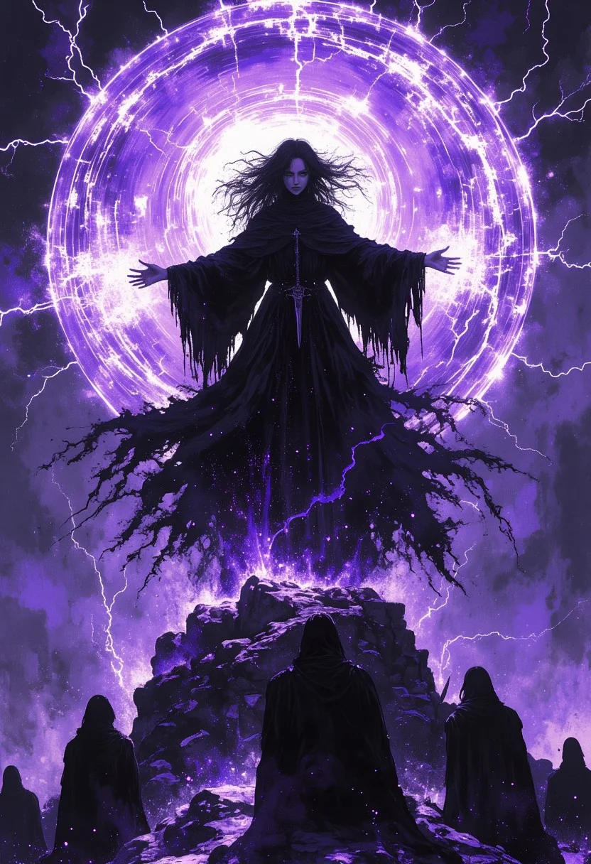 A centered, circular composition depicting a dark sorceress surrounded by swirling tendrils of purple lightning, their energy arcing outwards in chaotic streams. The sorceress stands atop an elevated platform, wearing flowing black robes, which billow ominously as though caught in a supernatural wind. Her posture is commanding, arms outstretched, with her right hand emitting bolts of arcane energy, while her left holds a ritualistic dagger, poised as if mid-incantation.
clothes waving with power of the magic,
Her hair is unkempt, whipping wildly around her face, adding to her sinister aura. The background is bathed in deep shadows, illuminated only by the eerie purple light of the lightning, casting a malevolent glow over the surrounding area. At the base of the platform, shadowy, ghost-like figures kneel in subjugation, their outlines faintly visible within the crackling energy. The framing captures the entire circular scene, perfectly encapsulating the sorceress's menacing power and the mystical forces surrounding her.