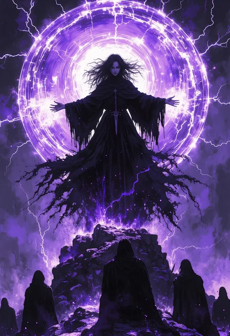 A centered, circular composition depicting a dark sorceress surrounded by swirling tendrils of purple lightning, their energy arcing outwards in chaotic streams. The sorceress stands atop an elevated platform, wearing flowing black robes, which billow ominously as though caught in a supernatural wind. Her posture is commanding, arms outstretched, with her right hand emitting bolts of arcane energy, while her left holds a ritualistic dagger, poised as if mid-incantation.
clothes waving with power of the magic,
Her hair is unkempt, whipping wildly around her face, adding to her sinister aura. The background is bathed in deep shadows, illuminated only by the eerie purple light of the lightning, casting a malevolent glow over the surrounding area. At the base of the platform, shadowy, ghost-like figures kneel in subjugation, their outlines faintly visible within the crackling energy. The framing captures the entire circular scene, perfectly encapsulating the sorceress's menacing power and the mystical forces surrounding her.