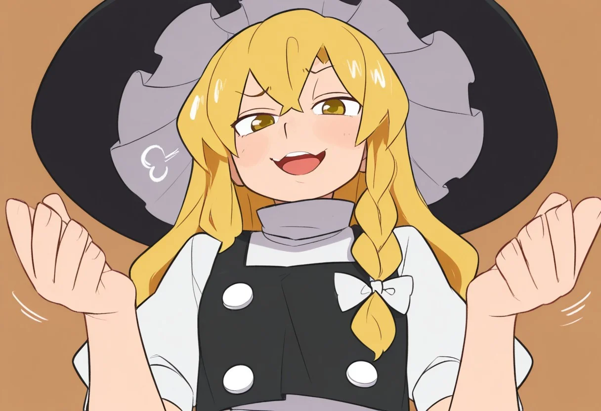 best quality, upper body, looking at viewer,
from below,
1girl, solo, kirisame marisa, open mouth,
raised eyebrow, smug, 
hands up, shrugging, motion lines, puff of air,