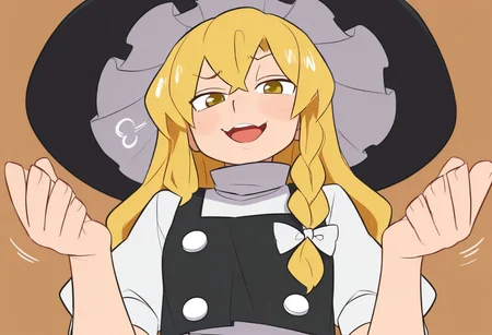 best quality, upper body, looking at viewer,
from below,
1girl, solo, kirisame marisa, open mouth,
raised eyebrow, smug,
hands up, shrugging, motion lines, puff of air,