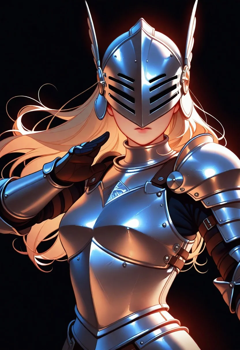 Tsuaii, flat colors,high detailed, high quality, masterpiece,
1girl, upper body, (black background), dynamic lighting, standing, battle stance,
steel breastplate, knight helmet,