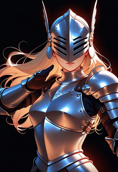 Tsuaii, flat colors,high detailed, high quality, masterpiece,
1girl, upper body, (black background), dynamic lighting, standing, battle stance,
steel breastplate, knight helmet,