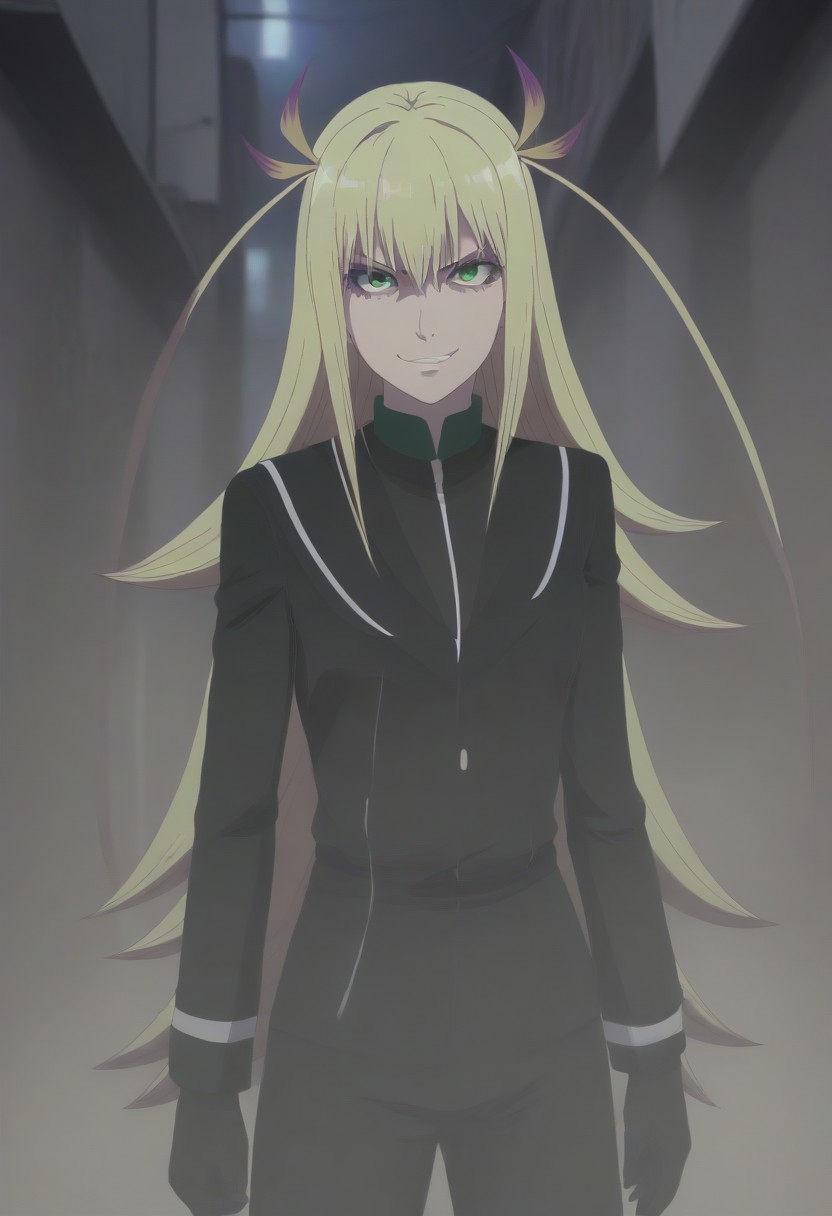 <lora:SlimesKanonIsui:1>, slimes_kanonisui, woman, solo, green eyes, alley background, evil smirk
