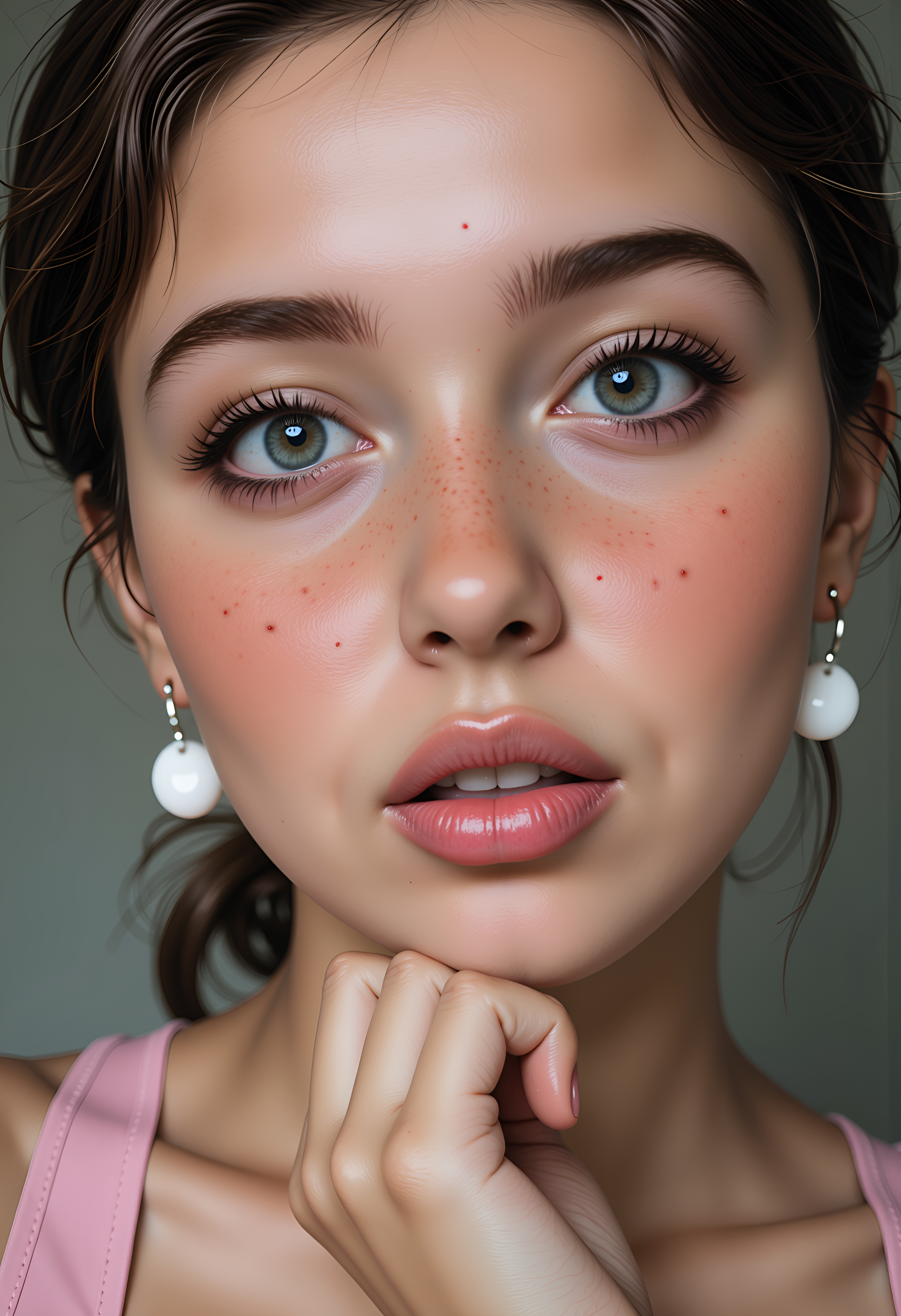 (monica woman:1.2),  beauty shot, (breathtaking closeup portrait of beautiful monica:1.2),  (amazind detailed cute face, erotic eyes, snub nose, blush, freckles, mole on face, lipstick, kissable lips, kinky white plastic earrings:1.2)   masterpiece of art:1.2),  highest quality, 32k, intricate details, <lora:flux_monica_woman_fictional_epoch_5:0.85>, , , , ,