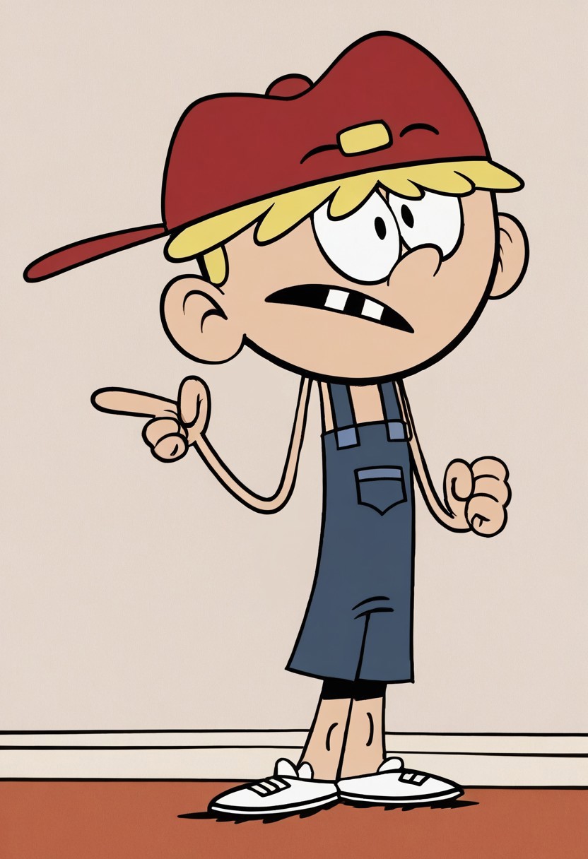 (score_9 | score_8_up | score_7_up) ((masterpiece:1))(best quality,very high quality,ultra detailed:1.2) (2D,cartoon style,anime style)(Smooth:2)(clean blurring) (four fingers on each hand,one thumb on each hand:1), Leif Loud, solo, 1boy, Blonde hair, missing teeth, red baseball cap facing backwards, blue overalls, white shoes