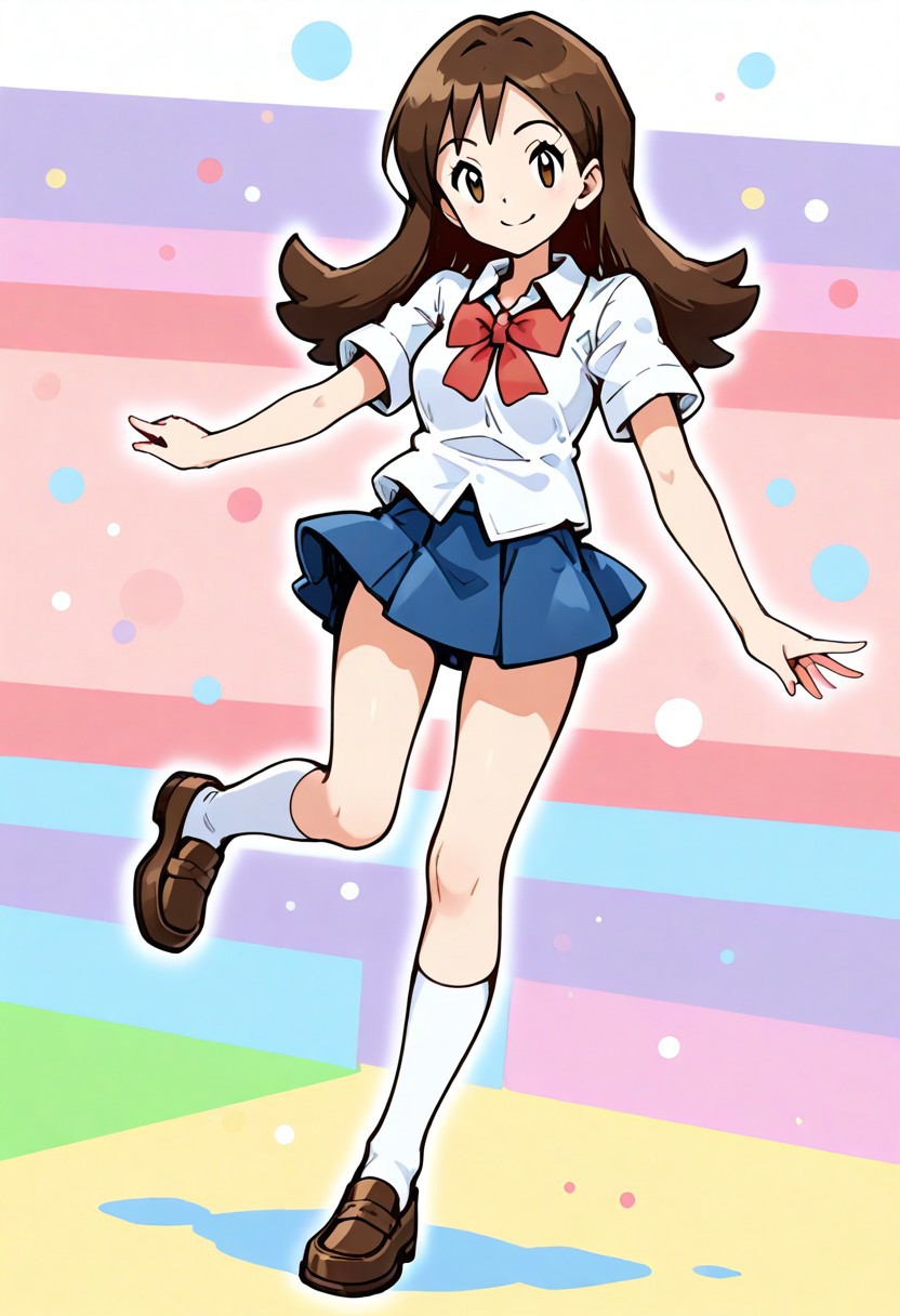 2d, masterpiece, best quality, amazing quality, 1girl, solo, standing, smile, looking at viewer, colorful background, rainbow background, color splashes, lassrby, lass \(pokemon rby\), standing on one leg, brown eyes, brown hair, long hair, bangs, white shirt, collared shirt, short sleeves, red bowtie, blue skirt, pleated skirt, miniskirt, white socks, kneehighs, loafers, brown footwear