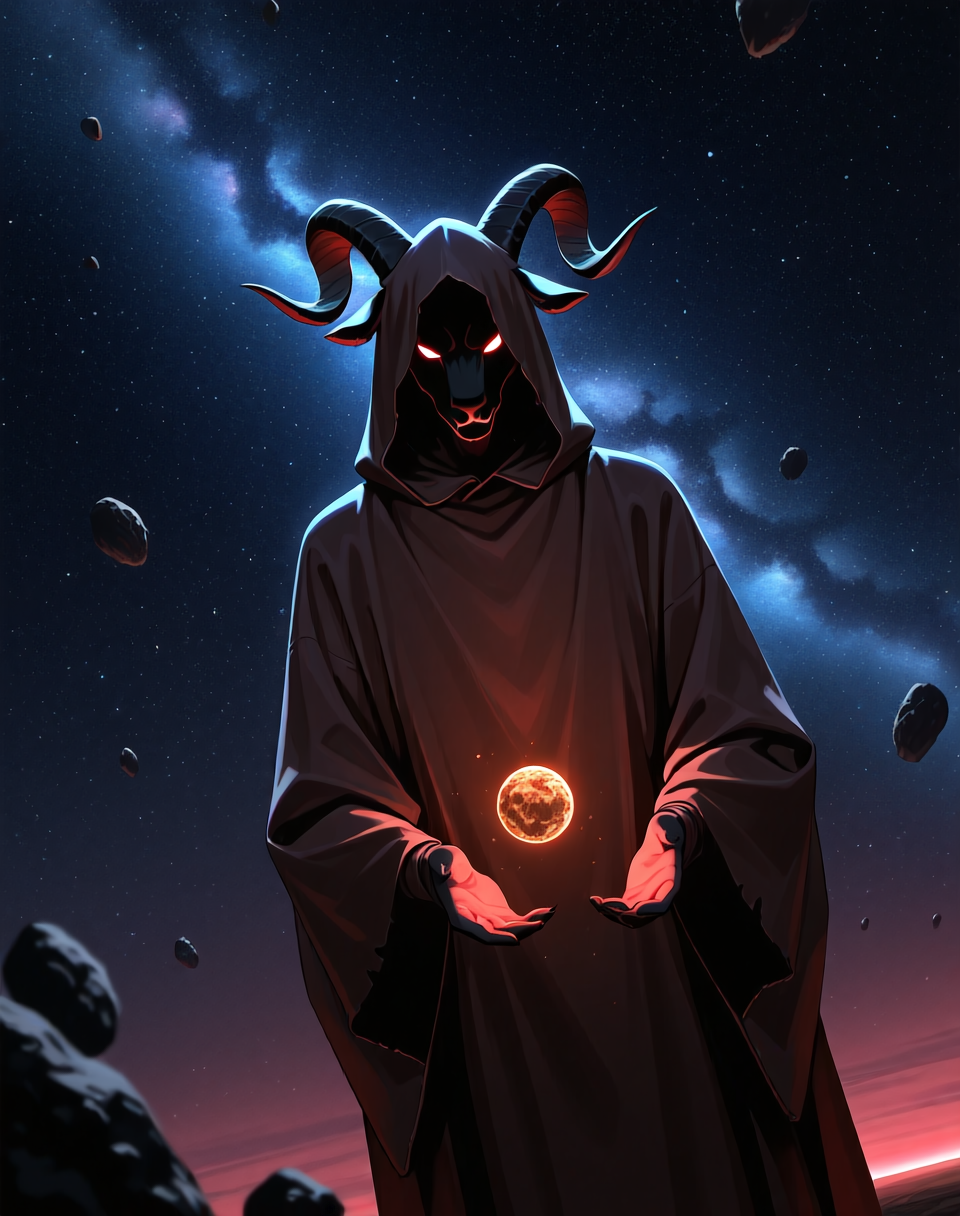 <lora:Moro_Hooded_Form_(Dragonball_Z)_(Illustrious)_(AD):1.35> Moro, hooded cloak, goat, 
((
dutch angle, exterior, outer space, asteroid field, 
male focus, gradient coloring, solo, cowboy shot, soft shading, old, aged up, dark picture, tattered brown cloak, evil villain, large hood covering entire head and face, 
)), 
BREAK very awe, aesthetically pleasing, masterpiece, best quality, amazing quality, very aesthetic, perfect depth of field shot, in'ei, furry_art, source_furry, source_anime,
EZRealPONYXL, zPDXL, Smooth Quality, lazympos, IllustQualXL_Pos,