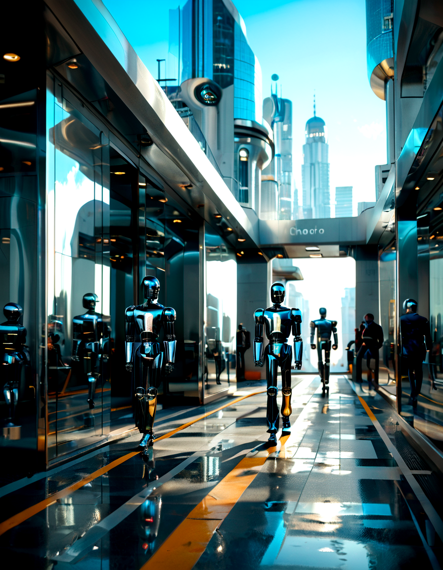 score_9, score_8_up, score_7_up, chromelora, robot, walking trough city, chrome, reflecting, shiny