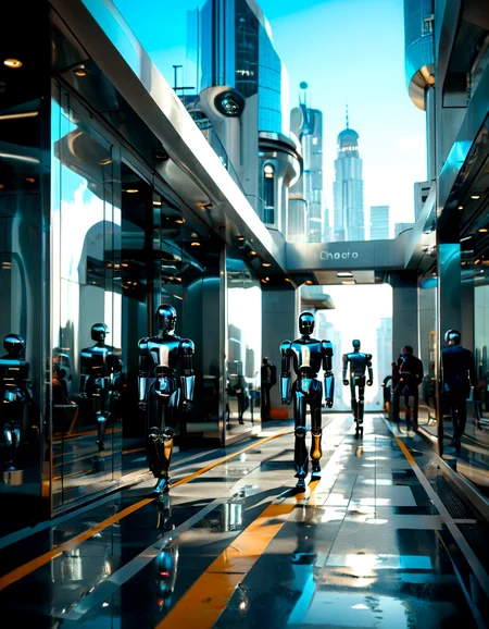 score_9, score_8_up, score_7_up, chromelora, robot, walking trough city, chrome, reflecting, shiny