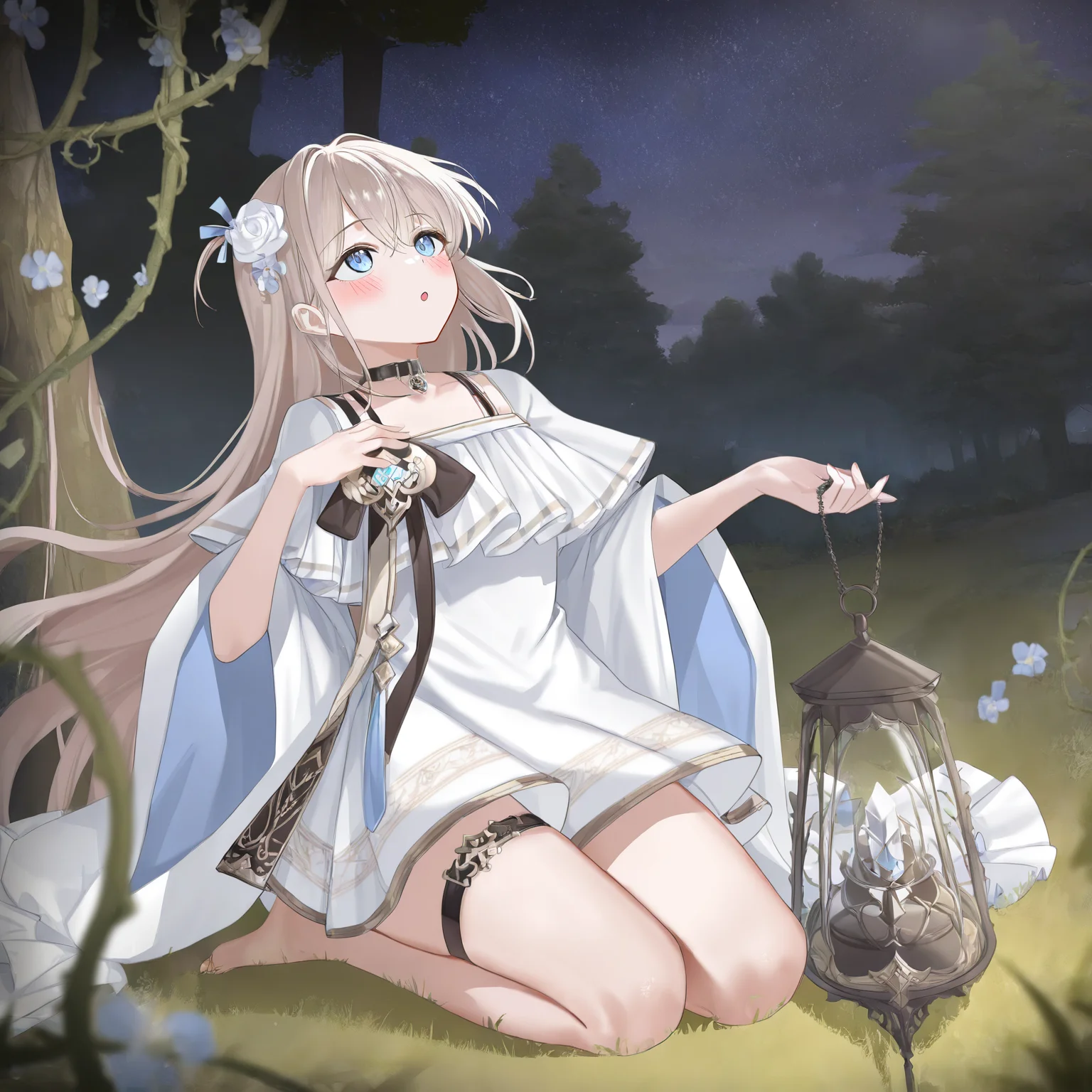 1girl, solovey, solo, full body, female focus, three-quarter view, blush, blue eyes, detailed eyes, looking up, :o, white dress, hair flower, hair ornament, thigh strap, barefoot, one hand holding lantern, hand on own chest, arm up, night, forest, starry sky, seiza, vines, black choker, very awa, masterpiece, very aesthetic, highres, absurdes, depth of field, volumetric lighting, best shadow, newest <lora:solovey:1>