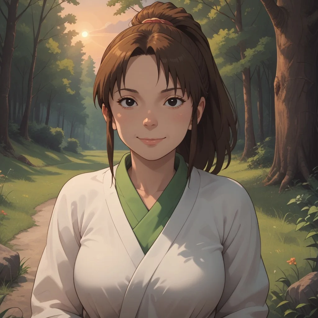 score_9, score_8, BREAK, solo, Chihiro_Ogino_(Spirited_Away), brown hair, ponytail, short hair, black eyes, cute face, green shirt, pink shorts, sandals, tall, adult female, mature female, breasts, sexy pose, self portrait, smile, looking at viewer, outdoors, sunlight, shadows, evening lighting, natural lighting, forest, trees, grass, orange sky, sunset