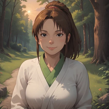 score_9, score_8, BREAK, solo, Chihiro_Ogino_(Spirited_Away), brown hair, ponytail, short hair, black eyes, cute face, green shirt, pink shorts, sandals, tall, adult female, mature female, breasts, sexy pose, self portrait, smile, looking at viewer, outdoors, sunlight, shadows, evening lighting, natural lighting, forest, trees, grass, orange sky, sunset