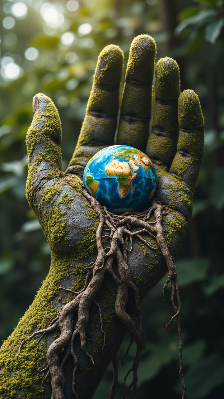 A giant hand made of tree roots emerging from the Kiwi, holding a small planet in its palm.  , aidmaMJ6.1