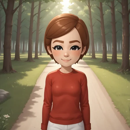 score_9, score_8, BREAK, solo, mii, wii, wii sports, 1girl, female mii, cute, auburn hair, auburn eyebrows, black eyes, blush, red clothing, white pants, shoes, small breasts, Susie_(Wii_Sports), Nintendo Mii, modern_mii, classic_mii, sexy pose, smile, outdoors, sunlight, shadows, evening lighting, natural lighting, forest, trees, grass, orange sky, sunset