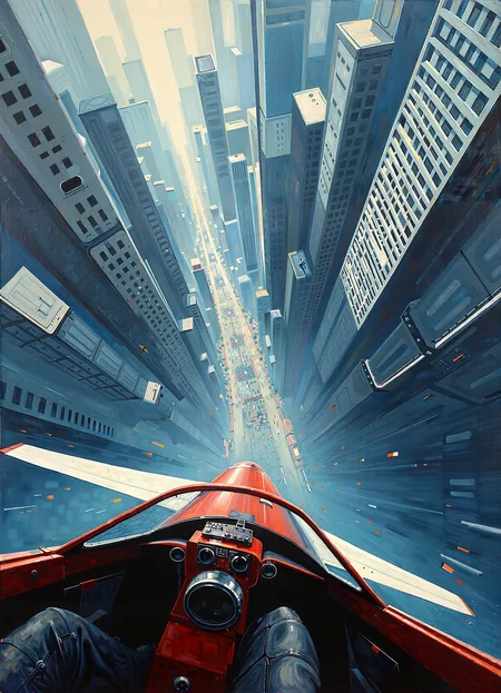 A painting emphasizing the thrill and dynamism of flight. The painting captures a vertiginous aerial view from the perspective of a pilot diving toward a modern cityscape. In the foreground, parts of an aircraft such as wings or cockpit elements are rendered at dramatic angles, reinforcing the sensation of speed and descent. Below the city is portrayed as a geometric abstraction. The cities buildings and streets stylized as flattened, angular patterns that create a rhythmic, almost mechanical texture. The use of bold diagonal lines and exaggerated perspective intensifies the sense of motion and depth, pulling the viewerâs gaze downward in a dizzying rush.
Incorporate mechanical elements in the foreground to ground the viewer in the cockpit experience. The city below should be stylized with repetitive geometric forms grids, rectangles, and sharp edges. Main color palette consist of cool metallic blues, grays, and muted tones, punctuated by light reflections or contrasts that suggest the glint of machinery or sunlight on glass. Dynamic brushstrokes or blurred elements can evoke the speed and turbulence of flight.