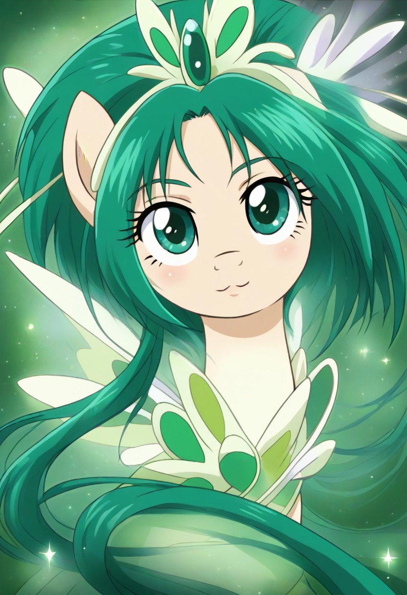 detailed background, green hair,, shiny skin,green eyes,<lora:curemint.pony:1>, curemint, solo,