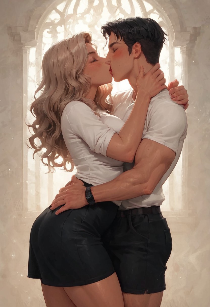 score_9, score_8_up, score_7_up, score_6_up, masterpiece, high quality, aesthetic, latest,
1 girl, adult, cute, tall, round ears, arched eyebrows, pale skin, long hair, light brown hair, wavy hair, beautiful cute face, closed eyes, lipstick, blushing, small butt, medium breasts, perfect teardrop-shaped breasts, perfect body, back to man, hand in his hair, head tilted back.
Clothed, skirt, shirt rolled up, 
mature person,  1 man, adult, black hair, short hair, muscular, tall, tanned skin, kissing a woman on the back of her neck, hands under the woman's T-shirt.
heterosexual, intimate, romantic, 
edge lighting, perfect lighting, backlighting, dynamic pose, expressive, very detailed, details, detailed background, ultra detailed, dynamic shot