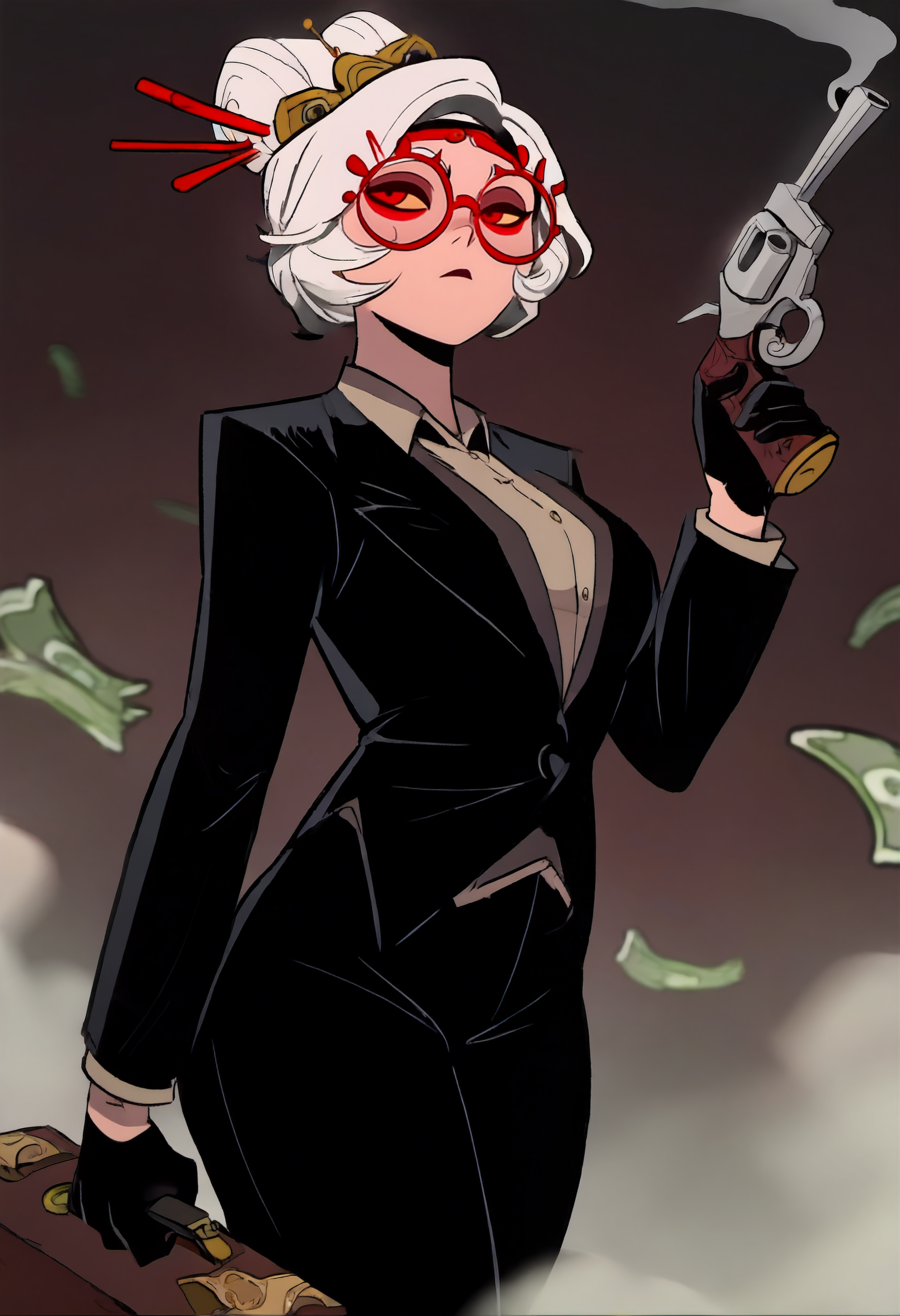 masterpiece, best quality, absurdres, lamirp,1girl,alternate costume,prhn11, white hair, red eyes, red-framed glasses, hair sticks, hair ornament, hair bun, formal,suit,black suit jacket,black trousers, black gloves,cowboy shot,holding revolver,smoke,holding briefcase,money <lora:primal-guy90-Illust-Lycorisv1:0.8>  <lora:prah_n11:0.8>
