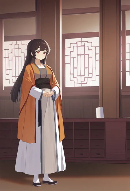 masterpiece, best quality,,detailed_background,indoors,vest,banbi,full body,2girls,black sash,chinese clothes,skirt,multiple girls,ikhouvanhalu,long hair,long sleeves,sash,jiaoling ruqun,orange shawl,shawl,bijia,white skirt,hanfu,aoqun,layered sleeves