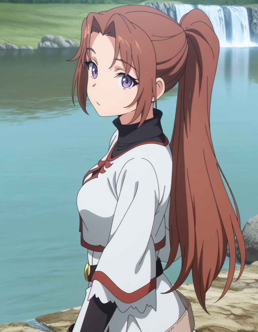 masterpiece, best quality, amazing quality,, <lora:apprentice-cleric-s2-illustriousxl-lora-nochekaiser:1>, apprentice cleric, long hair, brown hair, purple eyes, ponytail, parted bangs, mature female, medium breasts, anime screencap, dress, belt, long sleeves,, from side, water, lake, river, waterfall, natural, cowboy shot, solo, looking at viewer