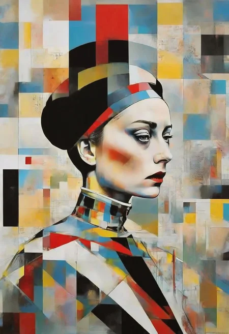Dali, Malevitch, Rodchenko, Mondrian, Kandinsky, psychedelic hallucination, pop surrealism, rough crosshatch drawing pop art Lunatic_Portrait of a girl in latex, slick back, low bun, black makeup, sinister expression, intense glare, avant-garde, abstract, weird, geometric, constructivism, suprematism, rayonism, verticism, lineism, tj