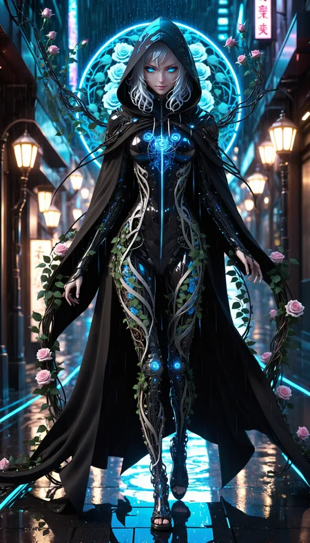 2D anime style, enigmatic femine figure with glowing blue eyes and a chilling grin, walking forward with vines and roses trailing behind, dressed in a hooded cloak. Detailed mechanical limbs with floral patterns, intense and captivating aura. Background features a futuristic, neon-lit city street with rain-soaked pavement and reflections, extreme complexity and details, bold outlines, flat colors