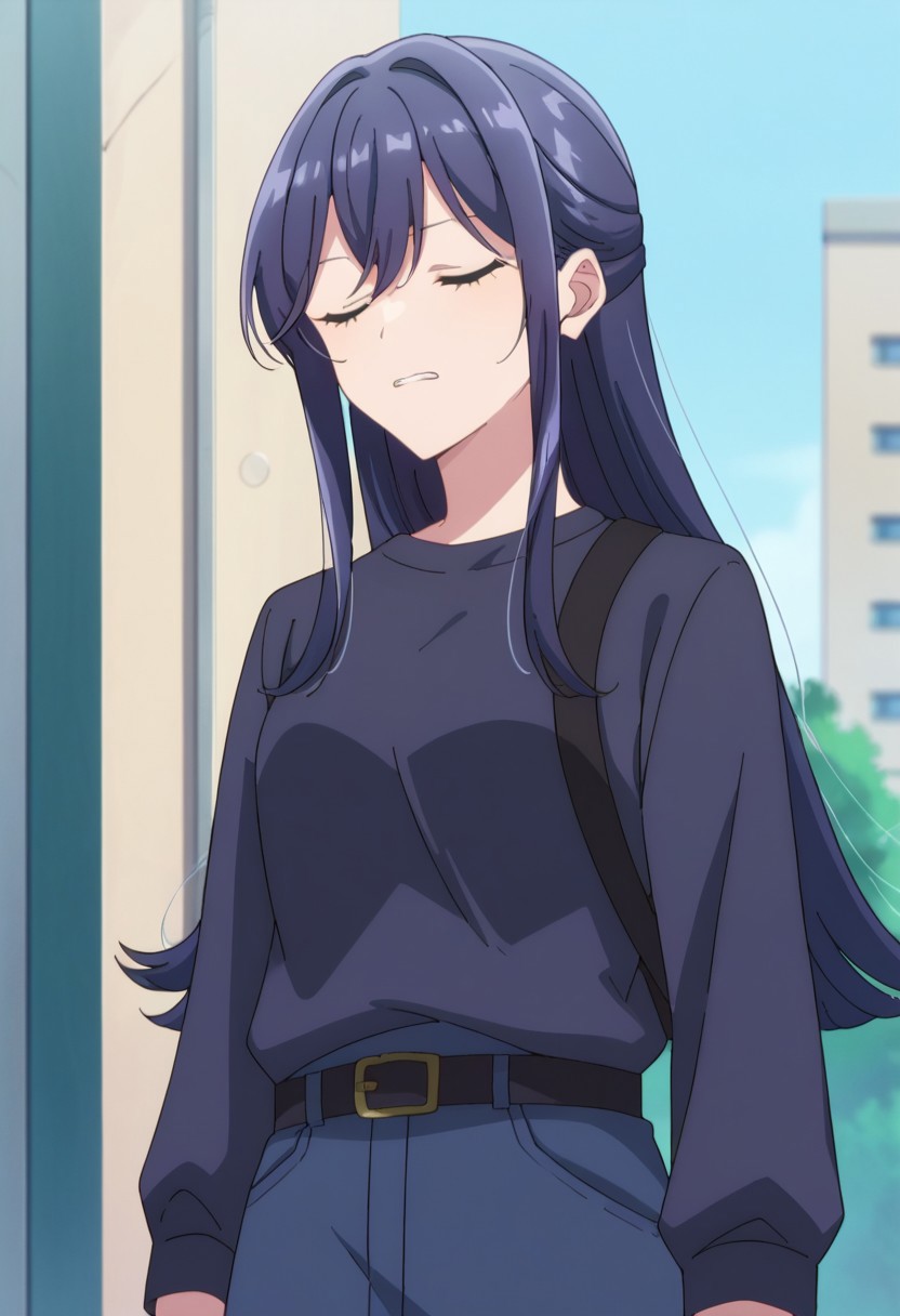 score_9, score_8, score_7, source_anime, izumi shiho, looking ahead, closed eyes, teeth, long sleeves, day, music, holding, looking down, standing, belt