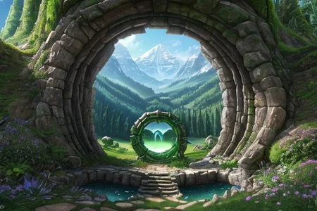 Hyperrealistic art, fanmou, lush green wooded mountain pass landscape, a fantasy Circular portal made of crystalz, Circular gate (Circular portal:1.3), fantasy, Nether Portal, portal, stargate, gateway, blue sky, Extremely high-resolution details, photographic, realism pushed to extreme, fine texture, incredibly lifelike,