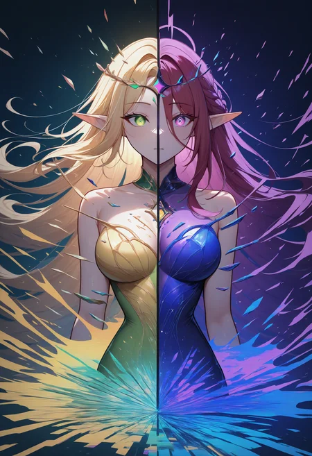 masterpiece, best quality, newest, absurdres, highres, glitch, glitching, aesthetic, 8k, ethereal lighting, purple, nighttime, darkness, surreal art, fantasy, glowing, Combine vibrant splashes of red, blue, yellow, and green, with swirling motions and color leaks to create an explosive and chaotic effect, broken glass, reflection, 1girl, elf, jewelry, split screen,