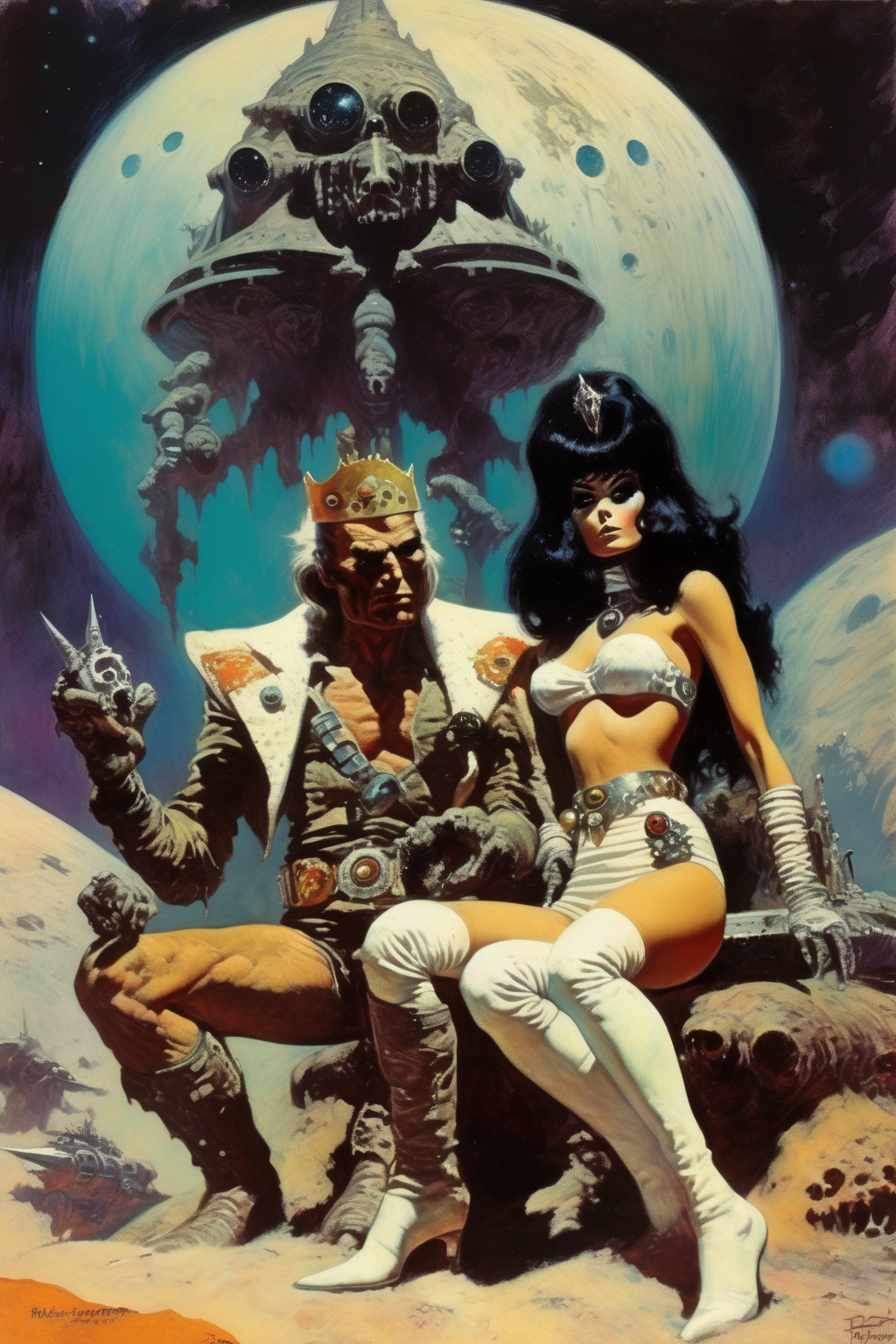 <lora:Richard Hescox Style:1>Richard Hescox Style - 70s fantasy artwork in the style of frank frazetta space goth with king