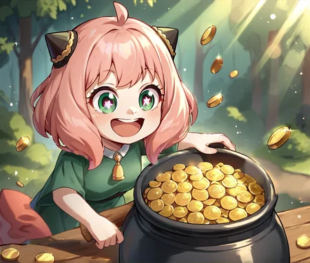 anya \(spy x family\), holding_sack filled with gold coins, gold coin, pile, pot of gold, forest, rainbow, smile, laughing, sparkling eyes, light rays, pink hair, solo focus, 1girl, shiny gold, cauldron, rainbow, rainbow aura, glowing, green dress,