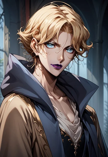 source_anime, (C4STL3V4NI4), ((score_9)),score_8_up,score_7_up,score_6_up,score_5_up,score_4_up,<lora:Castlevania_Style_Pony-v1:0.7>, Castlevania_Style, Castlevania Style, 1woman, brita_(darker_than_black), long_hair, blonde_hair, blue eyes, purple_lips, vampire,