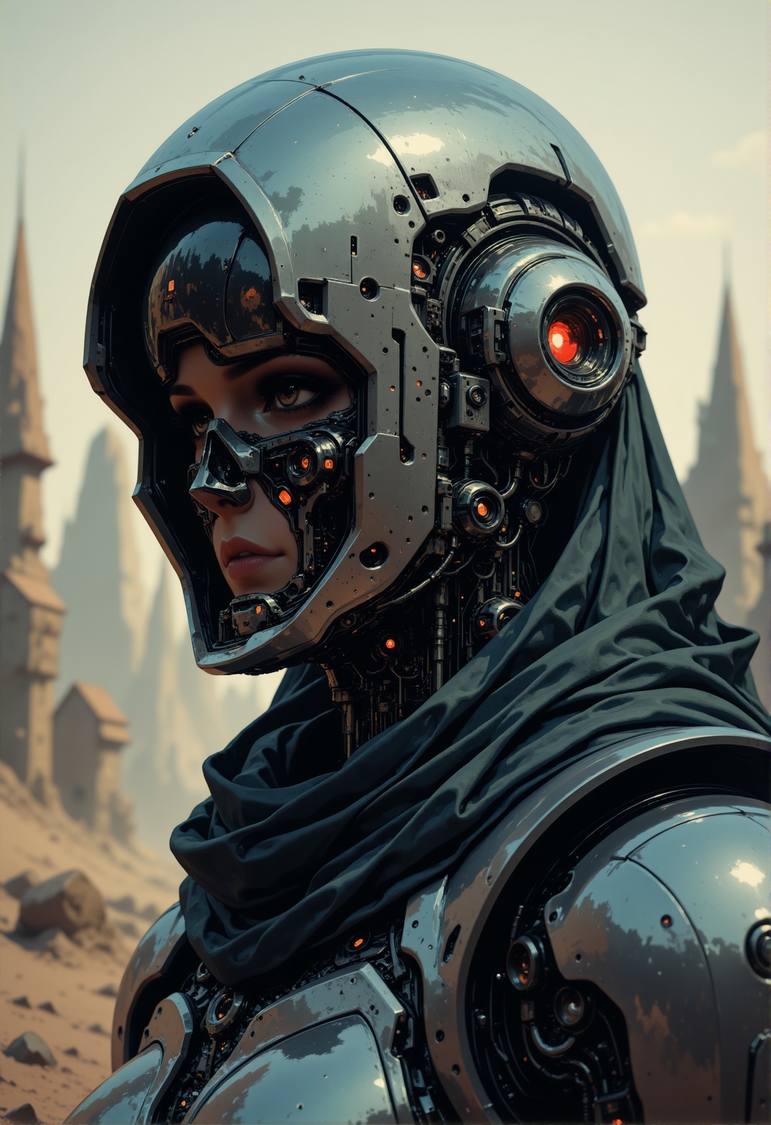 <lora:ck-chromatic-crusade_r1-000011:0.8>, in the style of ckcc, woman templar is an android, the plastic cyborg mask is open, the mechanical parts of the robot are visible inside, the android is very sinister and dangerous, from the epic movie Ghost in Armor, erie medieval battlefield background