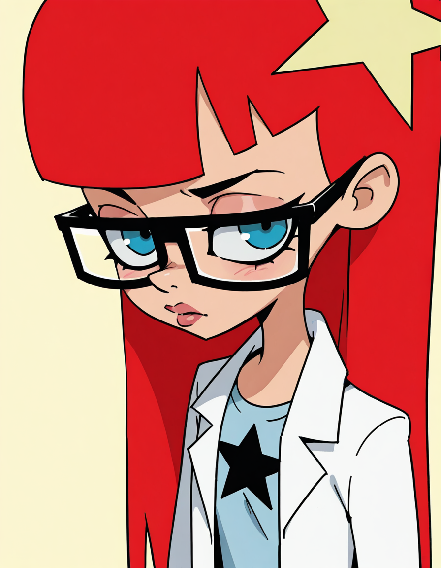 susantest, 1girl, red hair, glasses, solo, long hair, blue eyes, star hairclip, labcoat, blue t-shirt, looking at viewer,upper body,simple background,  <lora:SusanTestIllustrious1.0JLFO-000017:0.8> doxy