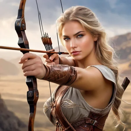 1girl,realistic photo, bow (weapon),firing and arrow, athletic 1person,blonde sexy female adventurer Aiming a Bow, d1 dress, cloth, beautiful eyes, looking to the camera<lora:mergedarchedlora:0.7> beautiful face