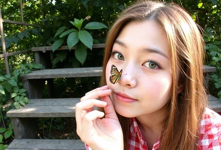 d1g1cam, amateur photo, low-lit, overexposure, Low-resolution photo, shot on a mobile phone, noticeable noise in dark areas, slightly blurred, visible JPEG artifacts, dynamic. A close-up photo of a young woman, late 20s, East Asian descent, sitting outdoors with a butterfly on her nose. She has fair skin, light green eyes, freckles, and long, straight, light brown hair. She is wearing a red and white checkered shirt, no visible makeup, natural look. The background features green foliage and wooden steps, suggesting a garden or park setting. The image has bright, natural lighting, and the woman has a amused expression, looking directly at the viewer, blurred, action, fish eye, wide angle lens
