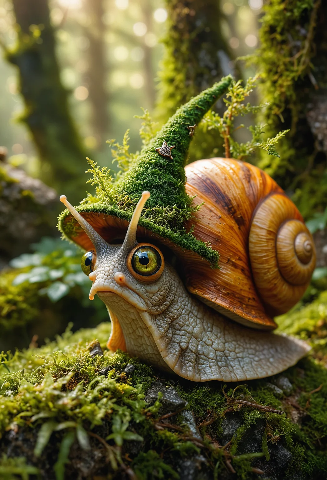 A whimsical snail with enchanting green skin textures, large expressive eyes, its brown and orange shell adorned with delicate green moss, wear a wizard hat, it rests on a moss-covered rock, amidst a forest, soft diffused sunlight filtering through the trees, adding a magical ambiance, fanciful creature's serene environment, <lora:MJ52:0.4>, <lora:SDXLFaeTastic2400:0.4>