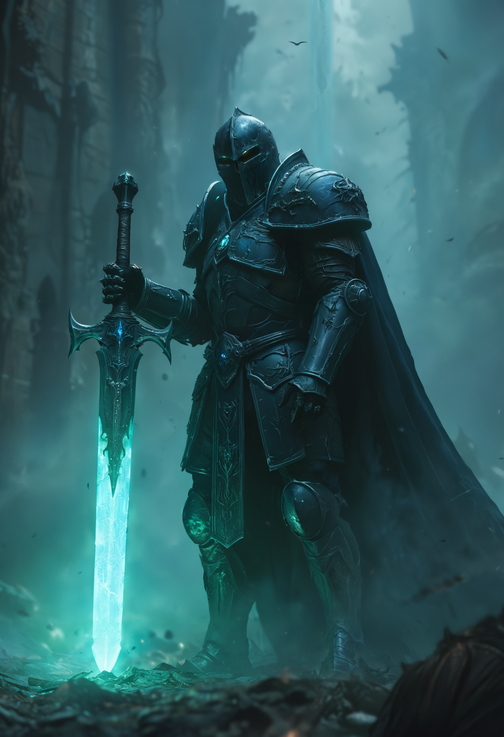 highly detailed and hyper realistic, a panoramic full shot of a Death Knight holding a giant glowing sword in a highly dynamic pose, low angle view, concept art, fantasy art, Lich King, splash screen art, cyborg necromancer, epic full color illustration, in dark souls manner, fallen knight, wraith, overlord, Wow, dark
<lora:xl_more_art-full_v1:0.5> <lora:add-detail-xl:1>
