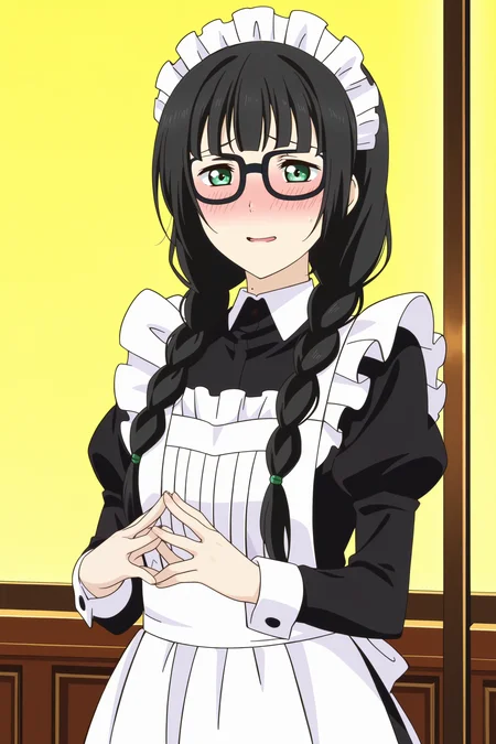 anime screencap, anime coloring, detailed face, perfect fingers, masterpiece, best quality, very aesthetic, absurdres, volumetric lighting,
<lora:Chizuru_Hishiron_Hishiro_ReLife:1>
in a maid cafe,
Chizuru Hishiron Hishiro (character), 1girl, solo,l black hair, long hair, low twintails, bangs, green eyes, mole, Maid, maid headdress, apron, glasses, twin braids, nervous look, blushing